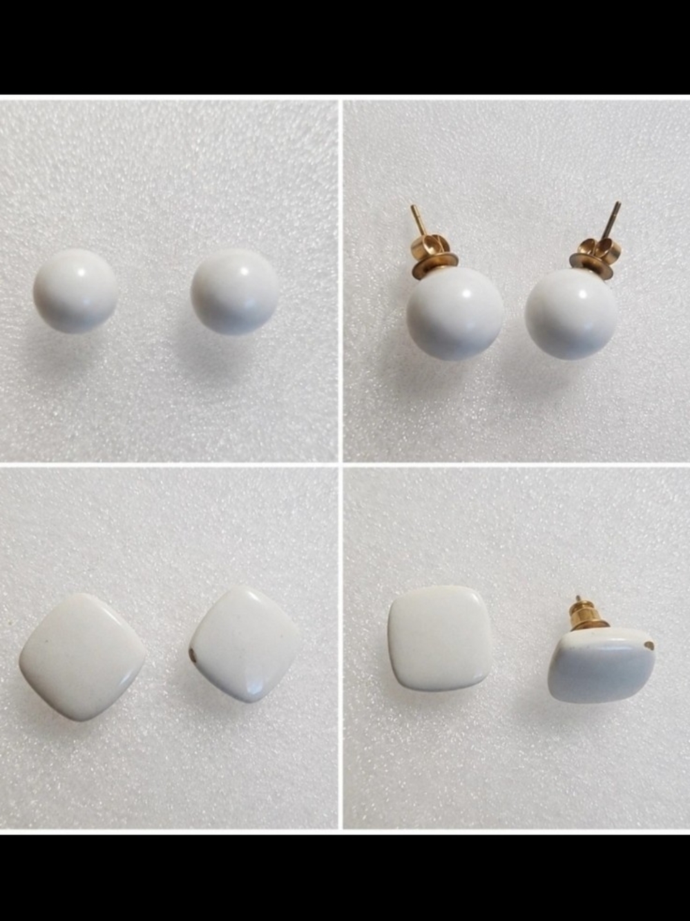 Vintage 1980s White Stud Earrings Round & Square Pierced Set